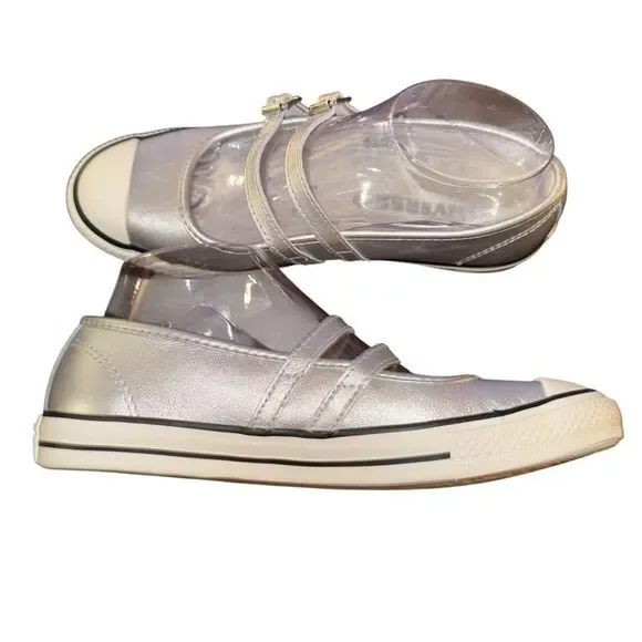 Converse Dainty Mary Jane Slip Strap Shoes Silver Metallic Sneakers Leather - Picture 5 of 5